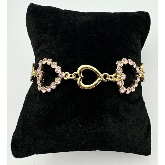 Monet Gold Tone Pink Rhinestone Heart Link Bracelet 7.25”‎ Needs One Stone - Picture 1 of 10